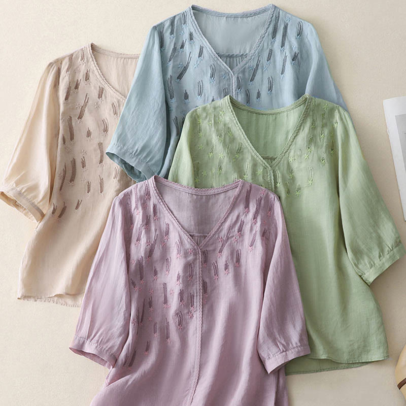 Casual Shooting Star Embroidery V-Neck Half Sleeve Cotton Linen Women's Shirt