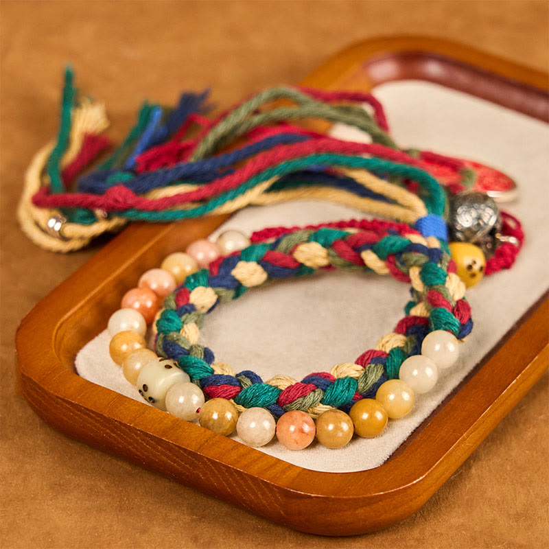 Double-Layer Red String Bracelet with Chalcedony, Cinnabar, Bagua, Taoist Talisman & Chinese Coin Tassel