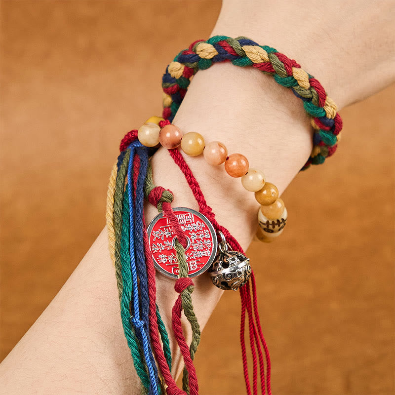 Double-Layer Red String Bracelet with Chalcedony, Cinnabar, Bagua, Taoist Talisman & Chinese Coin Tassel