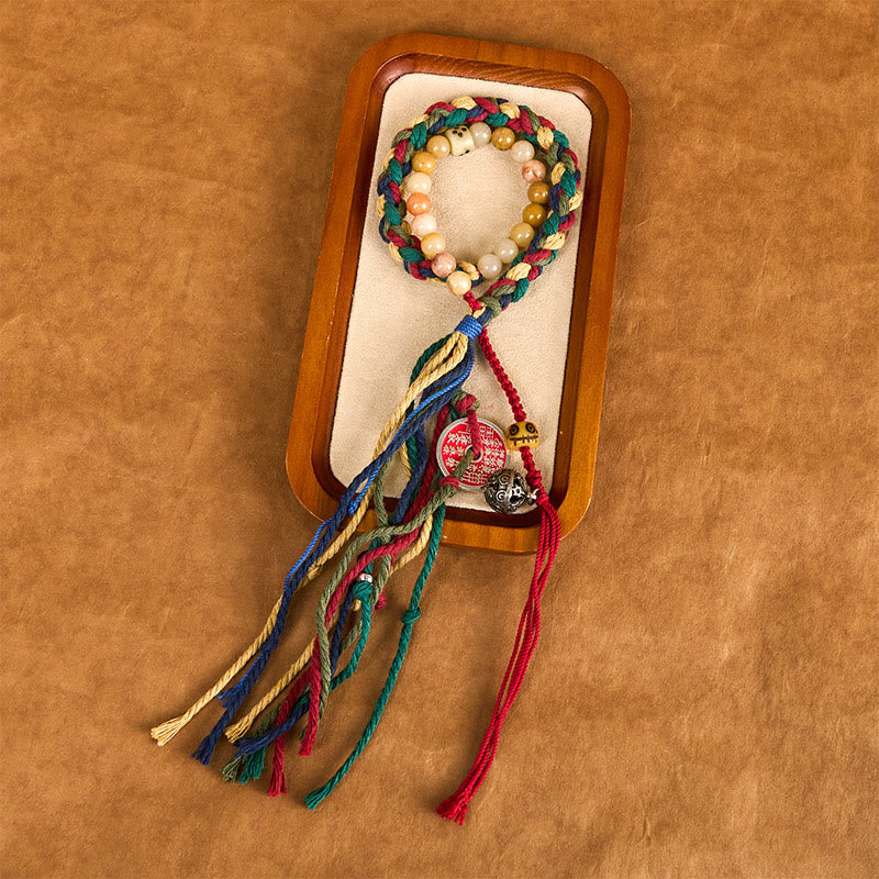 Double-Layer Red String Bracelet with Chalcedony, Cinnabar, Bagua, Taoist Talisman & Chinese Coin Tassel
