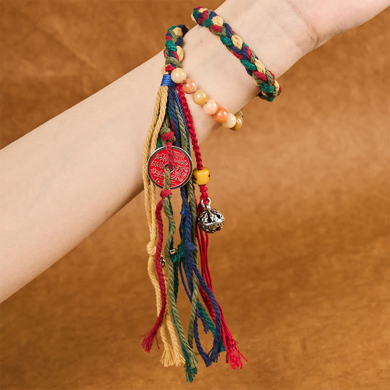 Double-Layer Red String Bracelet with Chalcedony, Cinnabar, Bagua, Taoist Talisman & Chinese Coin Tassel