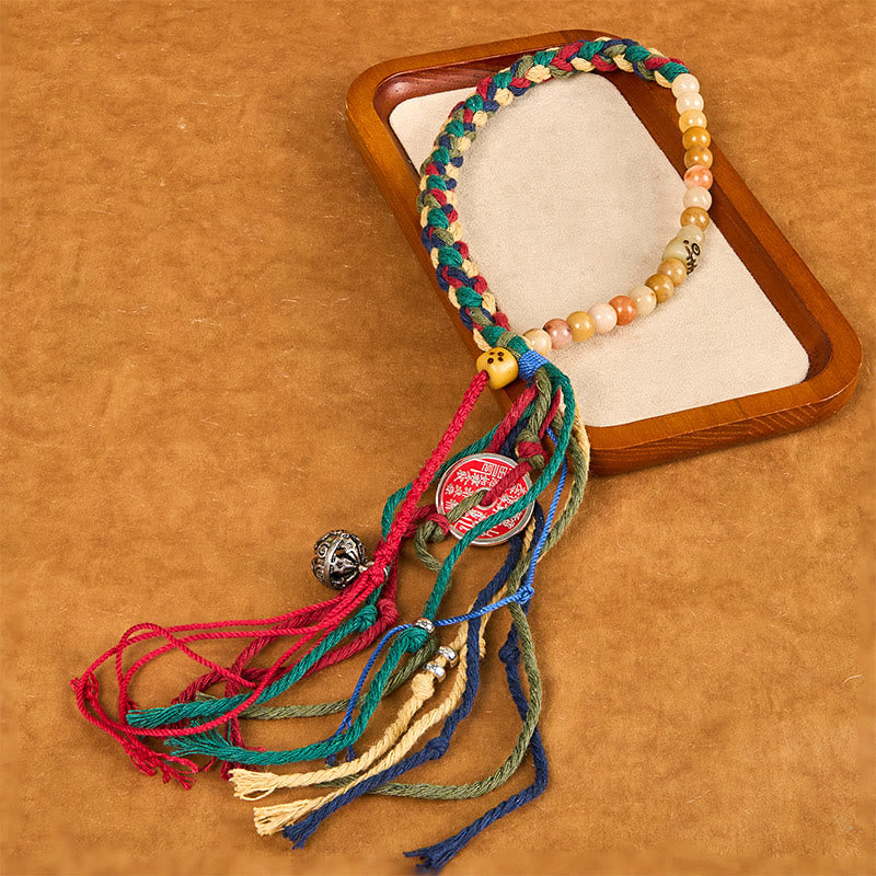 Double-Layer Red String Bracelet with Chalcedony, Cinnabar, Bagua, Taoist Talisman & Chinese Coin Tassel