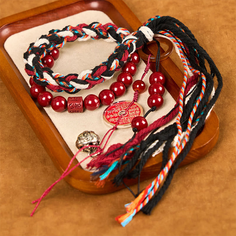 Double-Layer Red String Cinnabar Mountain Ghost Coin Bagua Taoist Talisman Tassel Bracelet