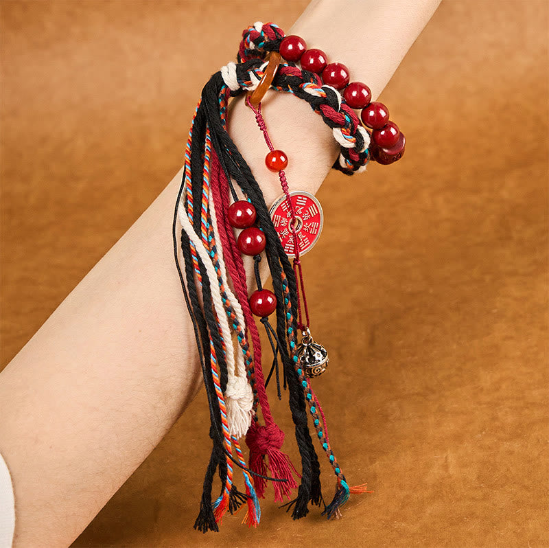 Double-Layer Red String Cinnabar Mountain Ghost Coin Bagua Taoist Talisman Tassel Bracelet