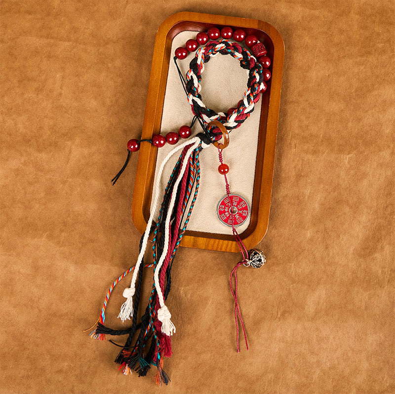 Double-Layer Red String Cinnabar Mountain Ghost Coin Bagua Taoist Talisman Tassel Bracelet