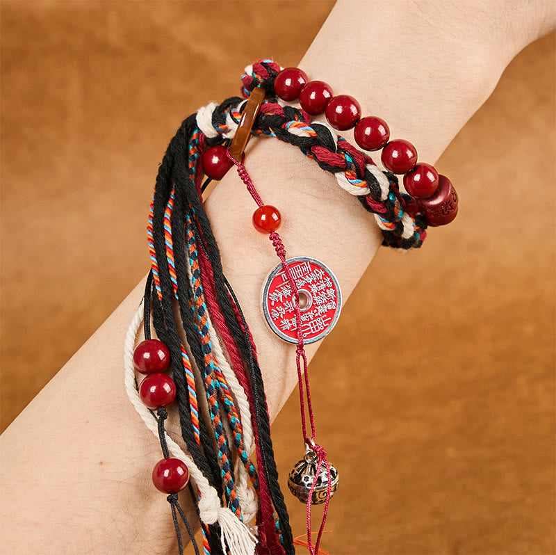Double-Layer Red String Cinnabar Mountain Ghost Coin Bagua Taoist Talisman Tassel Bracelet