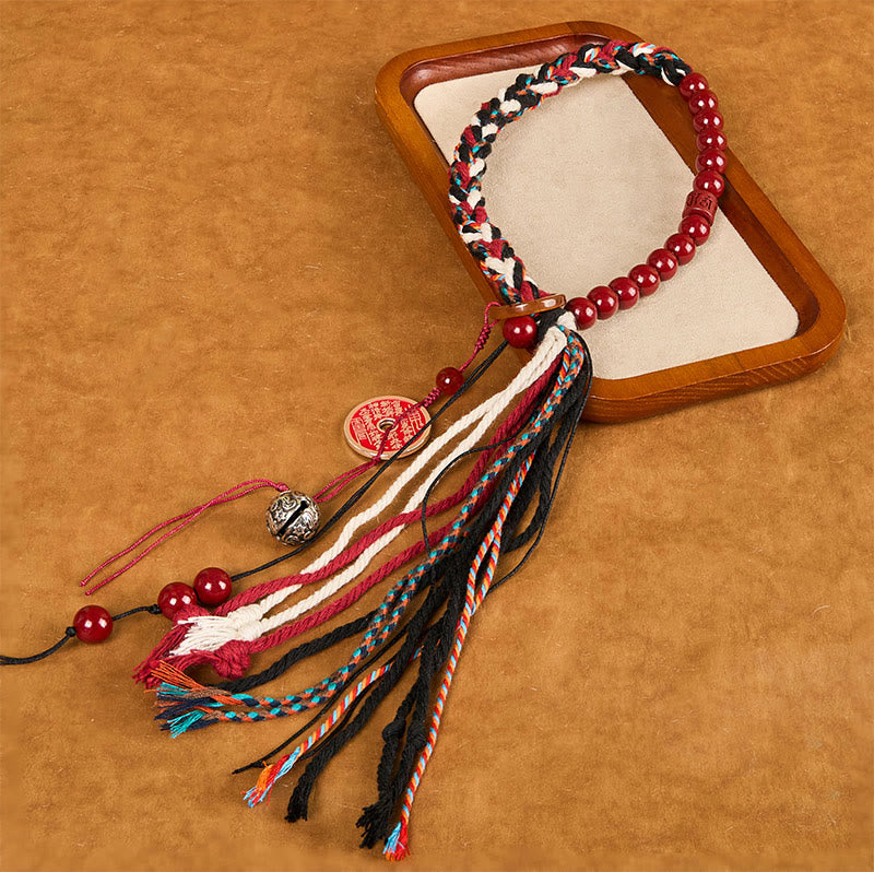 Double-Layer Red String Cinnabar Mountain Ghost Coin Bagua Taoist Talisman Tassel Bracelet