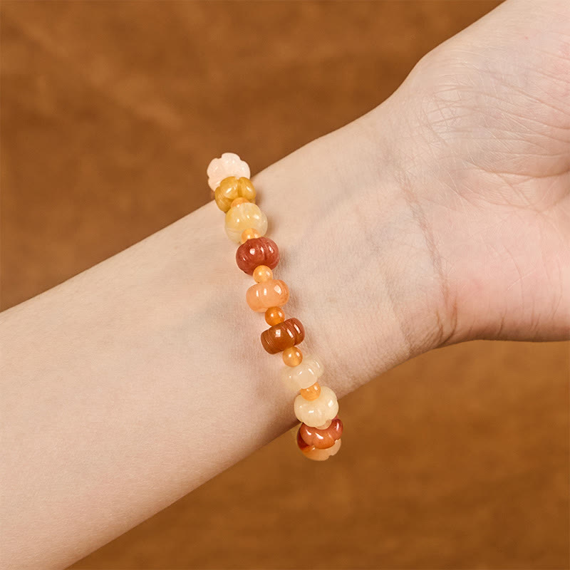 Natural Hand-Carved Golden Silk Jade Pumpkin Beaded Bracelet