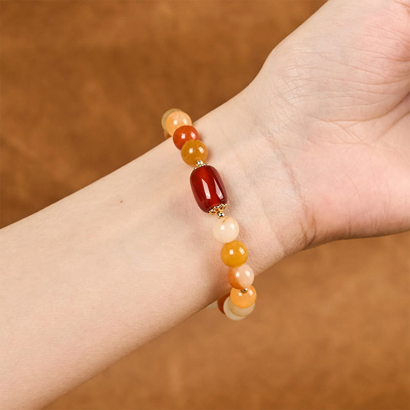 Golden Silk Jade and White Agate Beaded Wu Lou Gourd Bracelet