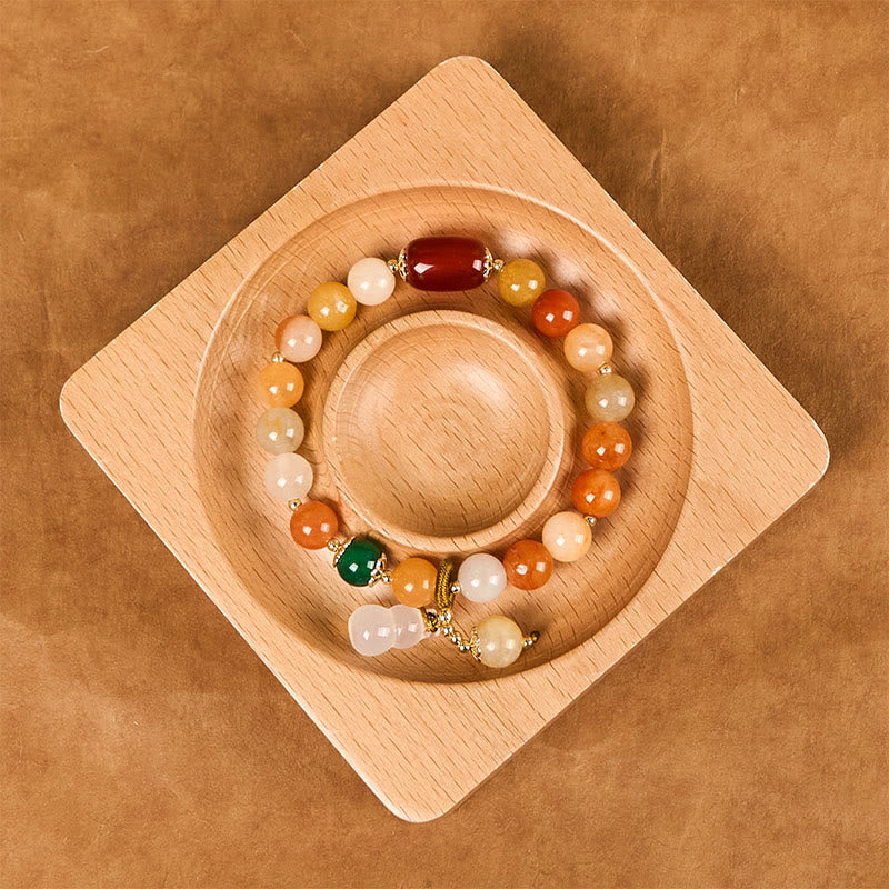 Golden Silk Jade and White Agate Beaded Wu Lou Gourd Bracelet