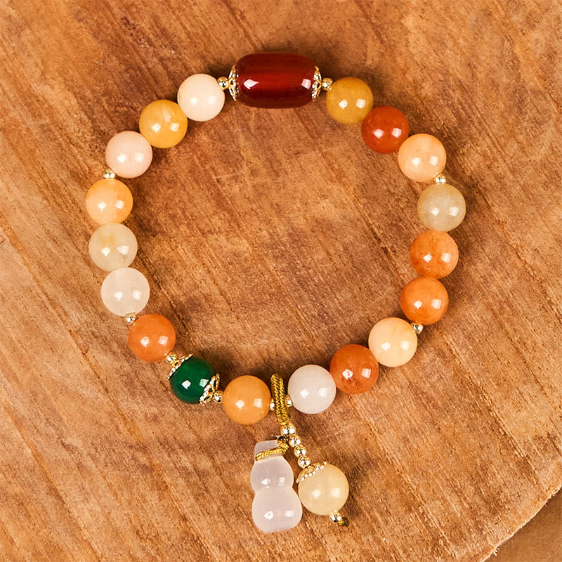 Golden Silk Jade and White Agate Beaded Wu Lou Gourd Bracelet