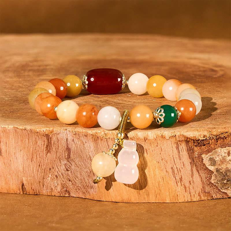 Golden Silk Jade and White Agate Beaded Wu Lou Gourd Bracelet