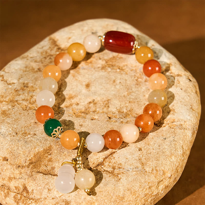Golden Silk Jade and White Agate Beaded Wu Lou Gourd Bracelet