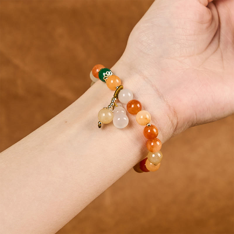 Golden Silk Jade and White Agate Beaded Wu Lou Gourd Bracelet