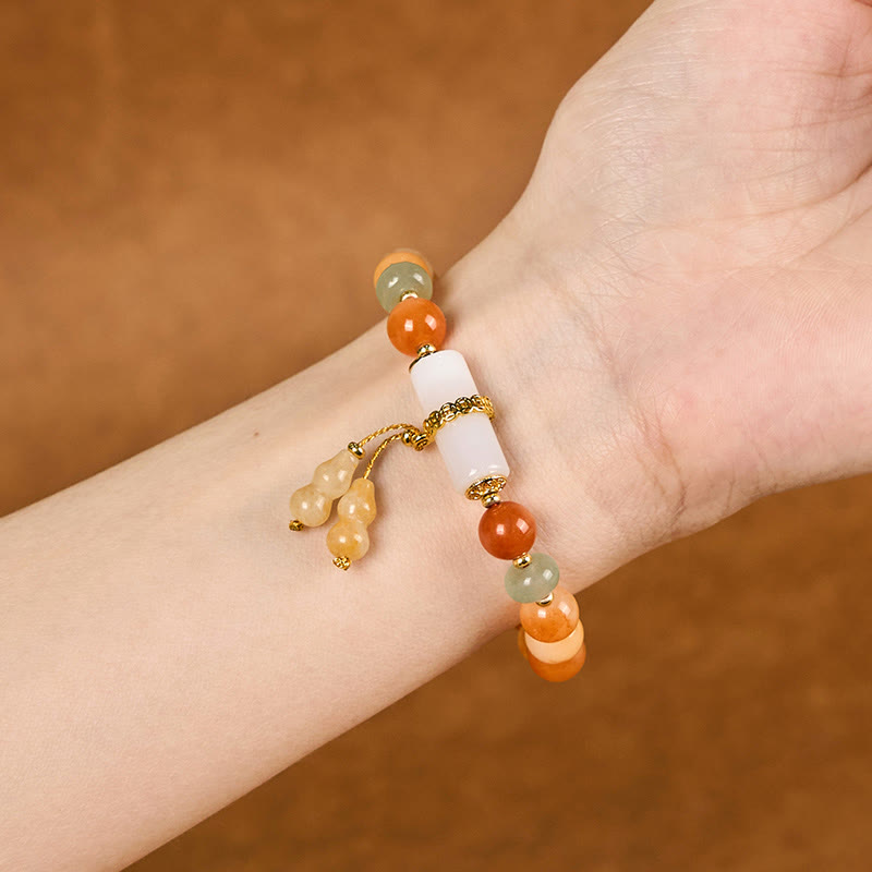 Golden Silk Jade and Clear Quartz Wu Lou Gourd Beaded Bracelet