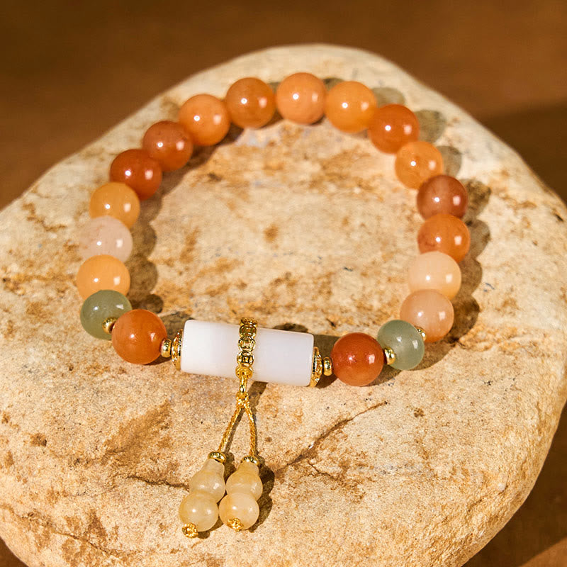 Golden Silk Jade and Clear Quartz Wu Lou Gourd Beaded Bracelet
