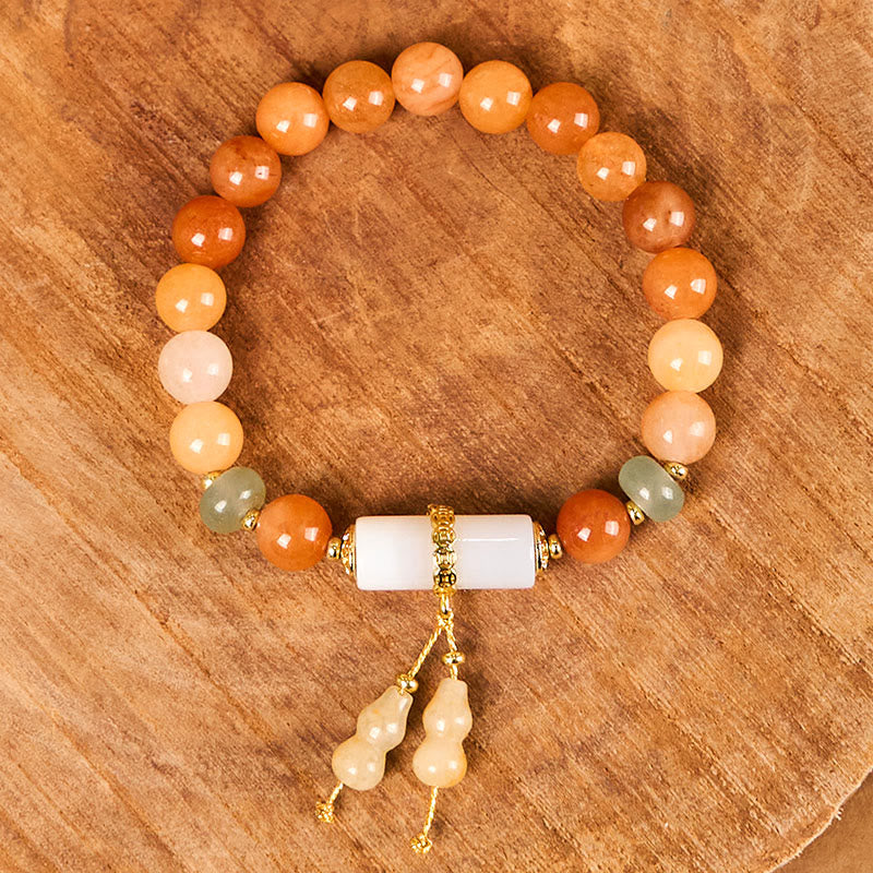 Golden Silk Jade and Clear Quartz Wu Lou Gourd Beaded Bracelet