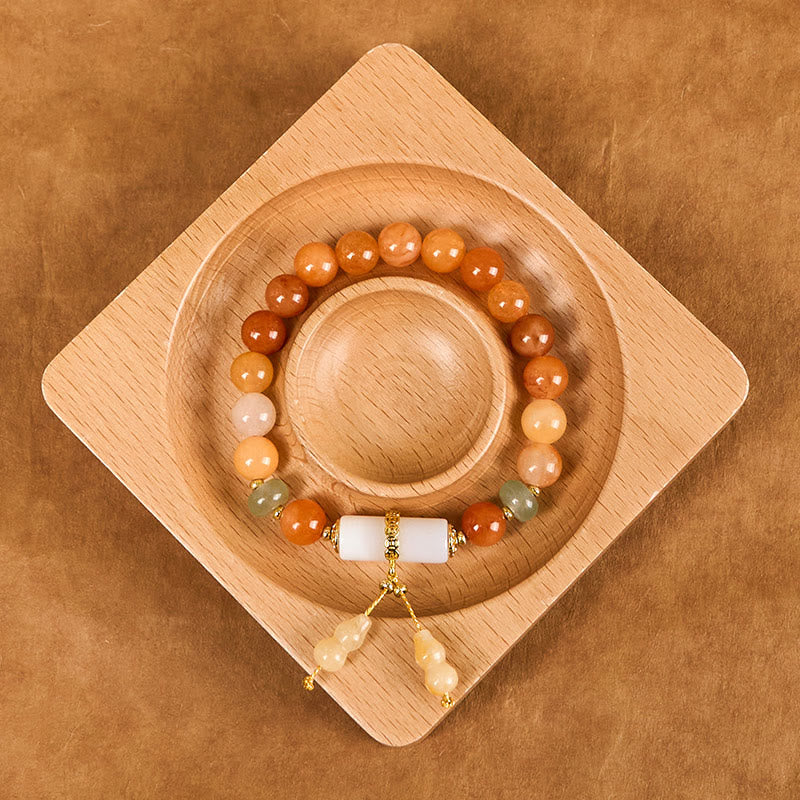 Golden Silk Jade and Clear Quartz Wu Lou Gourd Beaded Bracelet