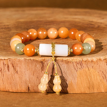 Golden Silk Jade and Clear Quartz Wu Lou Gourd Beaded Bracelet