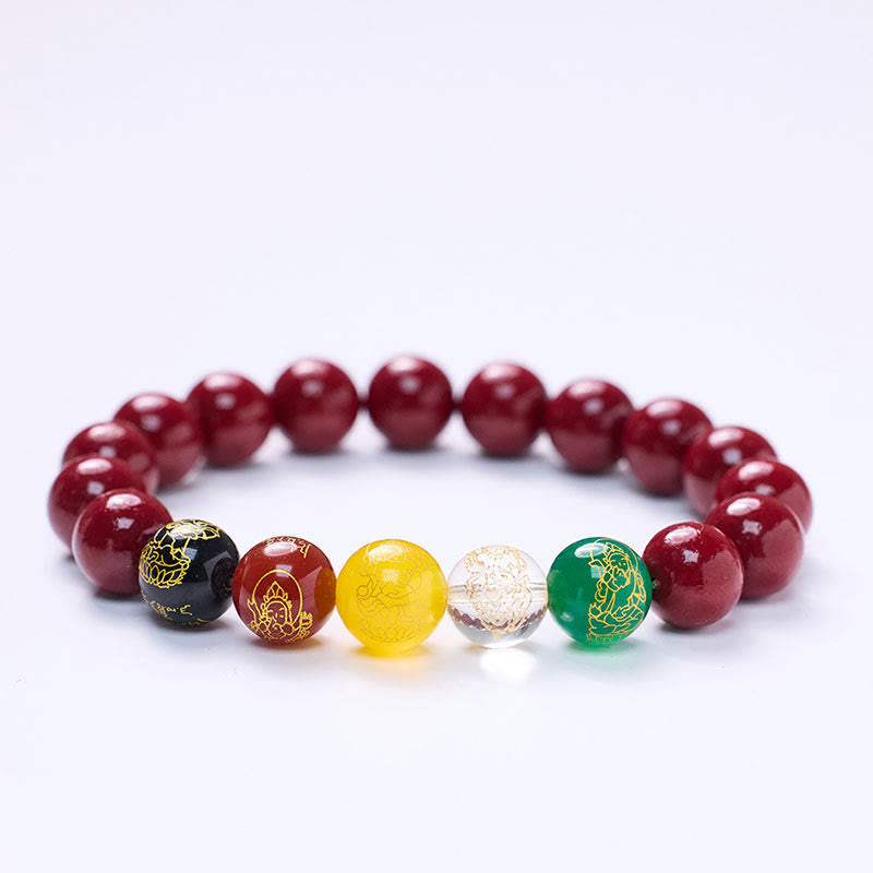 Five Directions Cinnabar, Multi-Agate & Gold Plated God of Wealth Beaded Bracelet