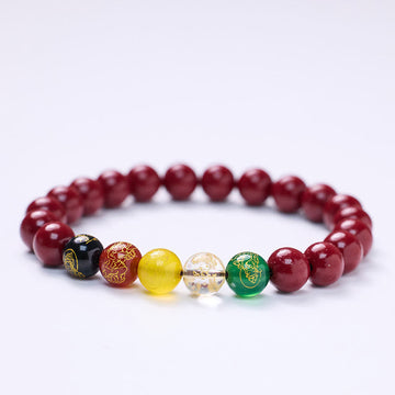 Five Directions Cinnabar, Multi-Agate & Gold Plated God of Wealth Beaded Bracelet