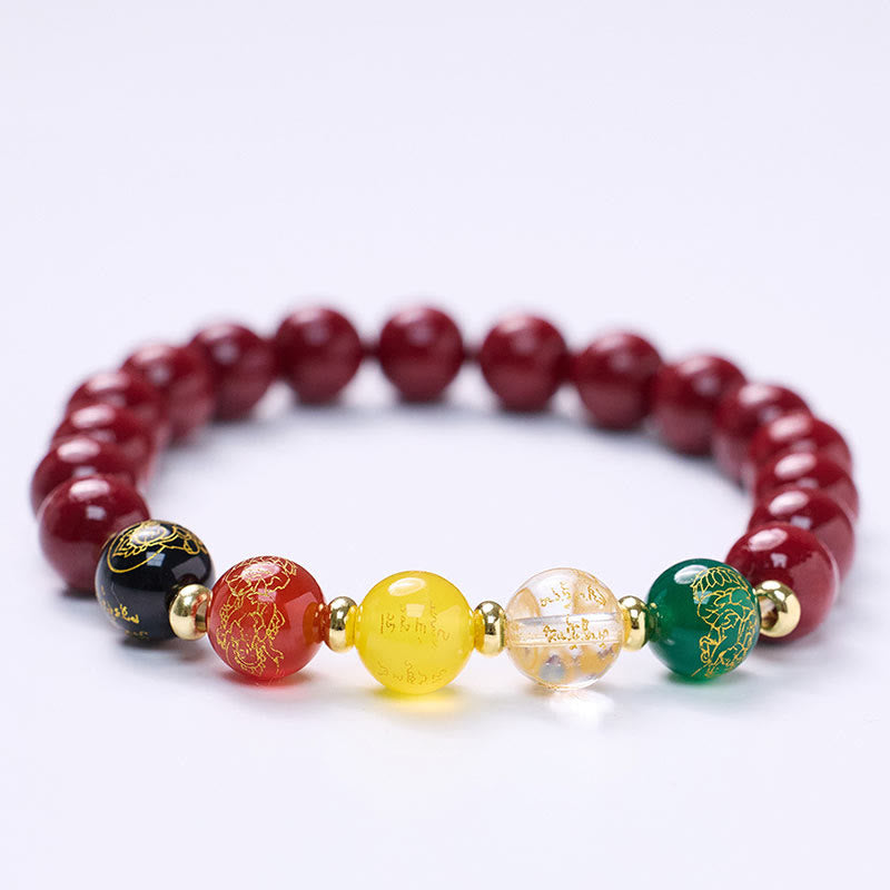Five Directions Cinnabar, Multi-Agate & Gold Plated God of Wealth Beaded Bracelet