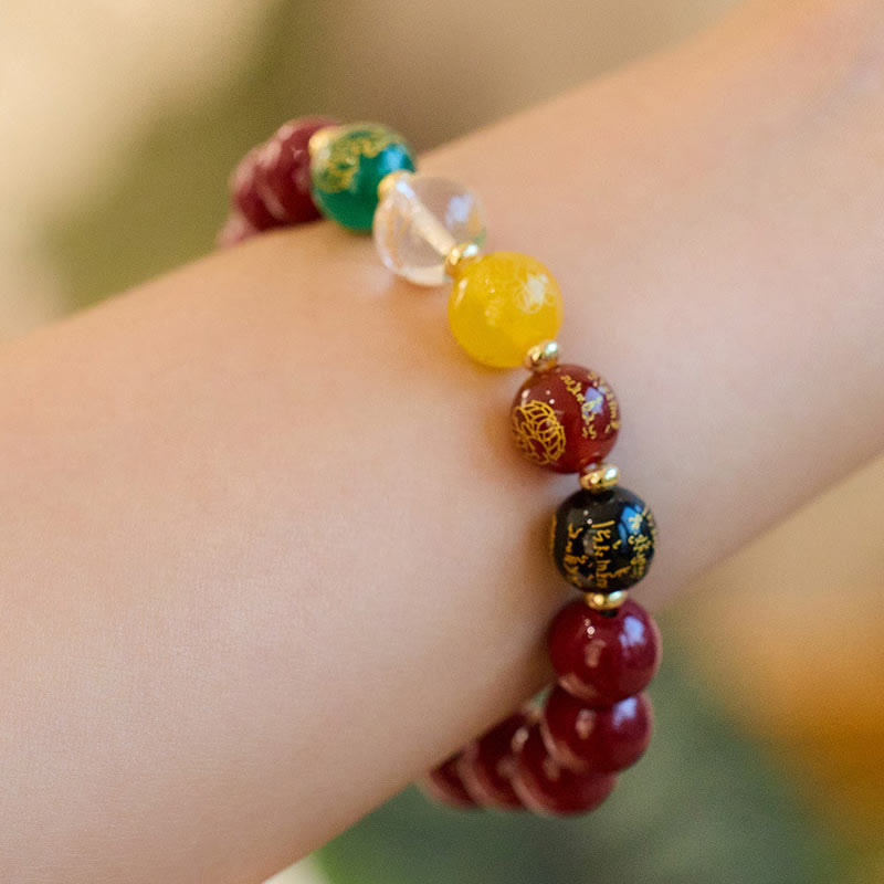 Five Directions Cinnabar, Multi-Agate & Gold Plated God of Wealth Beaded Bracelet