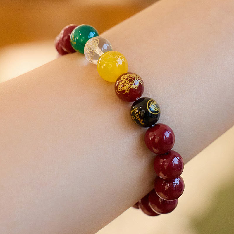 Five Directions Cinnabar, Multi-Agate & Gold Plated God of Wealth Beaded Bracelet