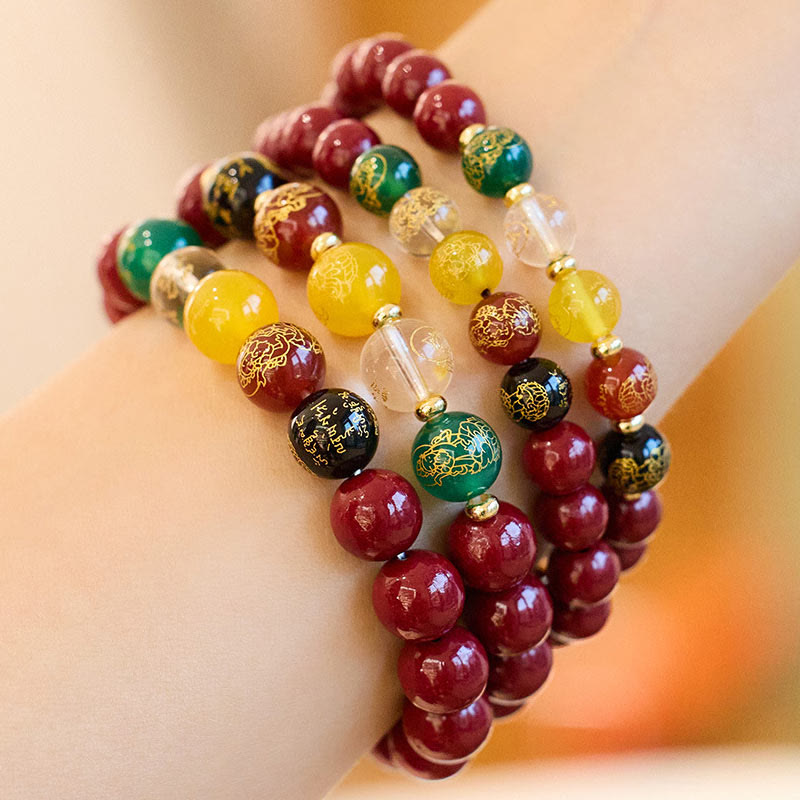 Five Directions Cinnabar, Multi-Agate & Gold Plated God of Wealth Beaded Bracelet