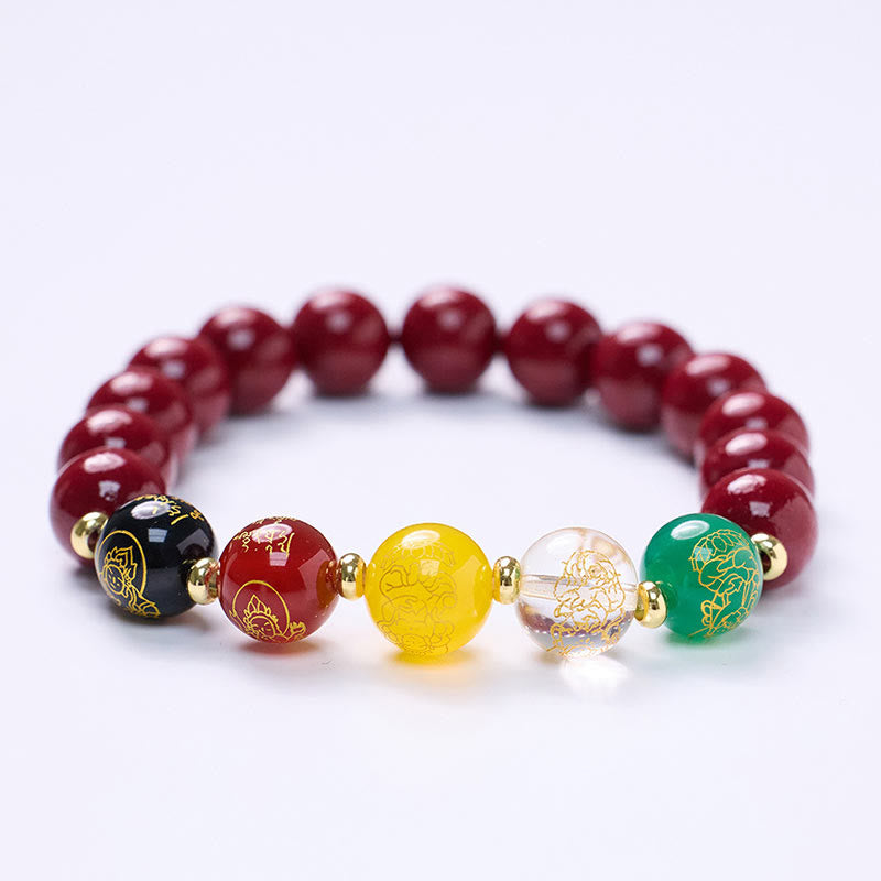 Five Directions Cinnabar, Multi-Agate & Gold Plated God of Wealth Beaded Bracelet