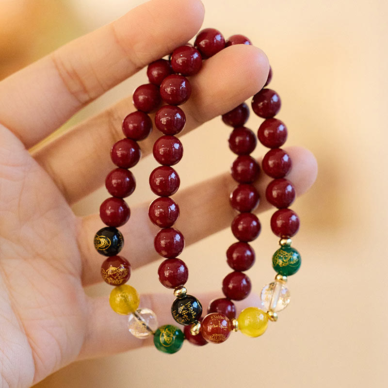 Five Directions Cinnabar, Multi-Agate & Gold Plated God of Wealth Beaded Bracelet