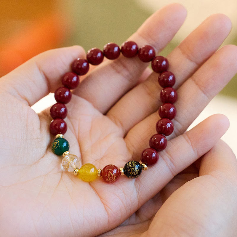 Five Directions Cinnabar, Multi-Agate & Gold Plated God of Wealth Beaded Bracelet