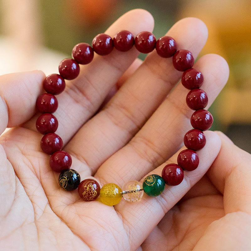Five Directions Cinnabar, Multi-Agate & Gold Plated God of Wealth Beaded Bracelet