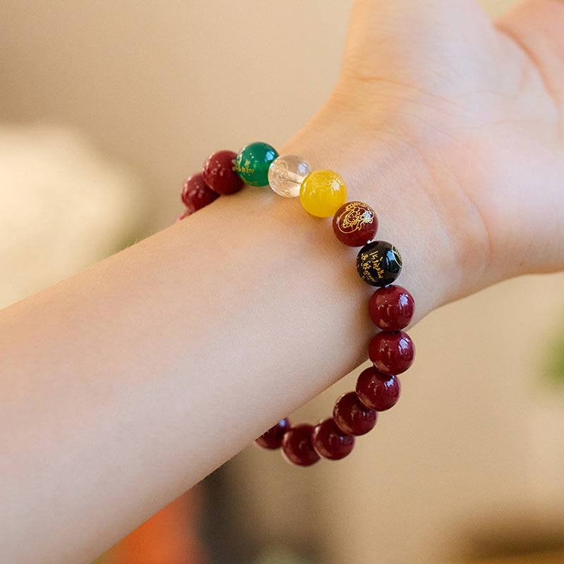 Five Directions Cinnabar, Multi-Agate & Gold Plated God of Wealth Beaded Bracelet