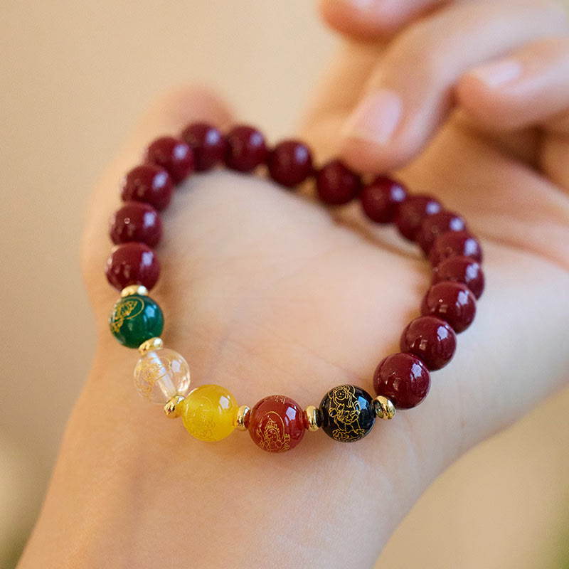 Five Directions Cinnabar, Multi-Agate & Gold Plated God of Wealth Beaded Bracelet