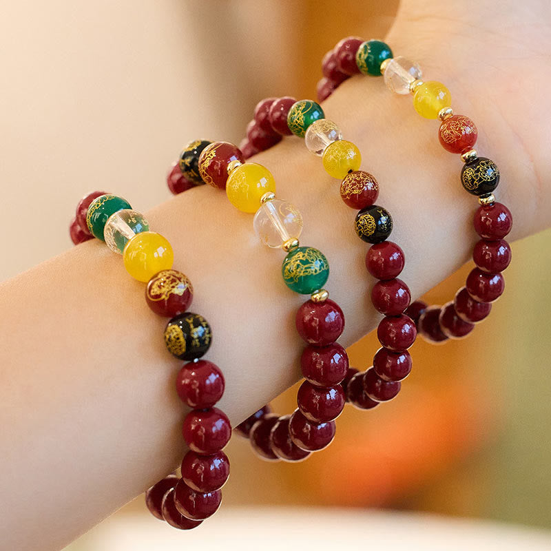 Five Directions Cinnabar, Multi-Agate & Gold Plated God of Wealth Beaded Bracelet