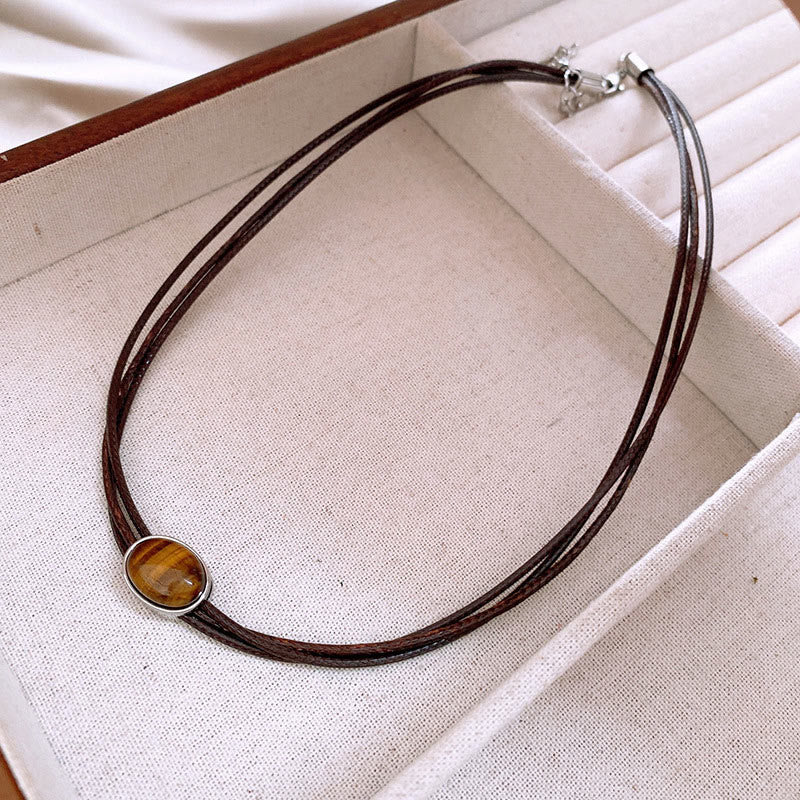 Natural Tiger Eye Ellipse Protection Wax Rope Necklace Pendant