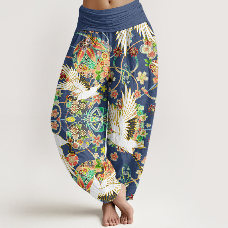 Cotton Casual Crane Floral Geometric Pattern Elastic Waist Women's Harem Pants