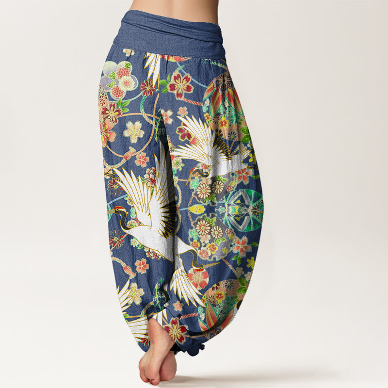Cotton Casual Crane Floral Geometric Pattern Elastic Waist Women's Harem Pants