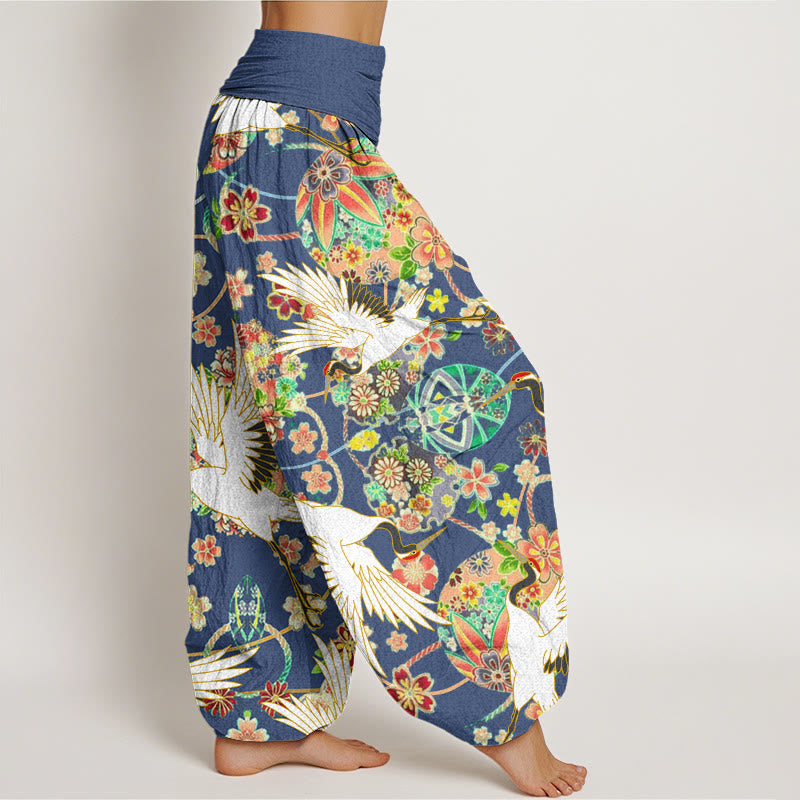Cotton Casual Crane Floral Geometric Pattern Elastic Waist Women's Harem Pants