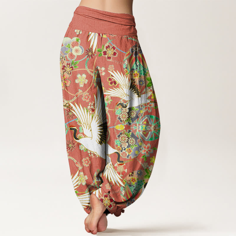 Cotton Casual Crane Floral Geometric Pattern Elastic Waist Women's Harem Pants