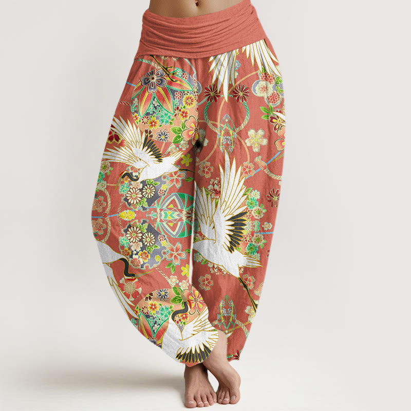 Cotton Casual Crane Floral Geometric Pattern Elastic Waist Women's Harem Pants
