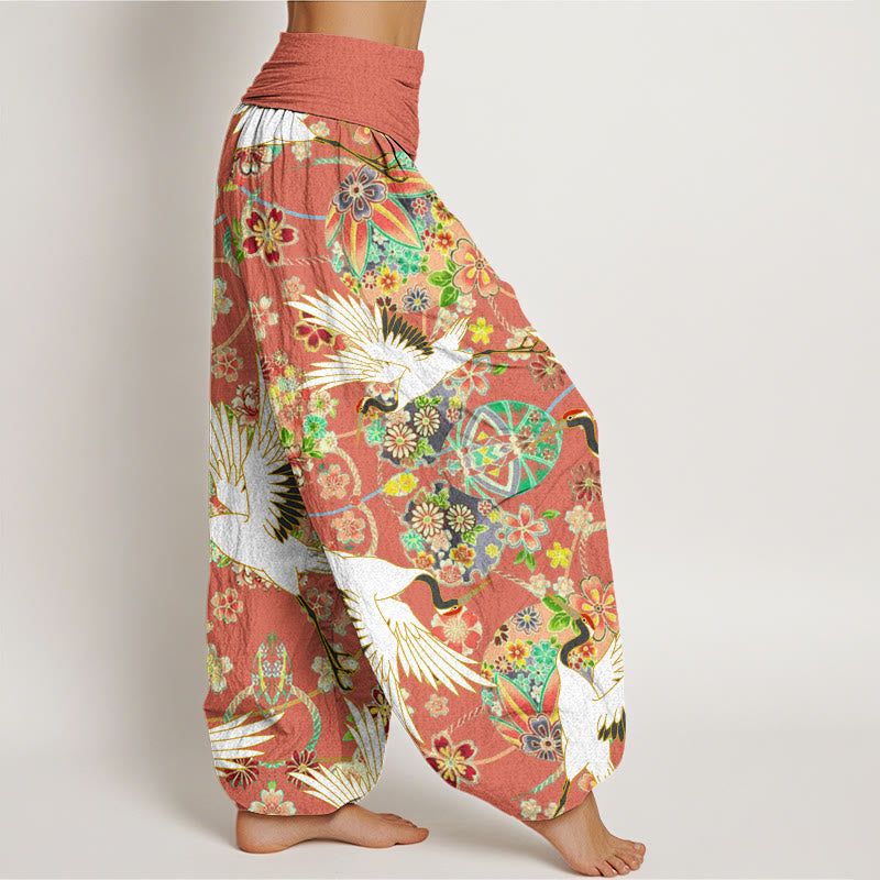 Cotton Casual Crane Floral Geometric Pattern Elastic Waist Women's Harem Pants