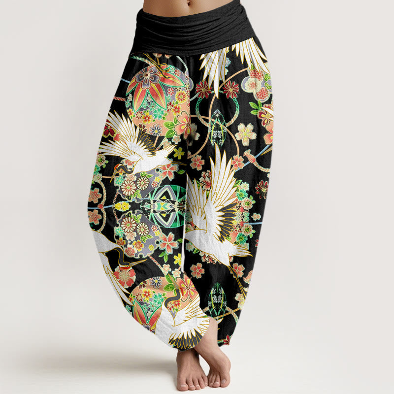 Cotton Casual Crane Floral Geometric Pattern Elastic Waist Women's Harem Pants
