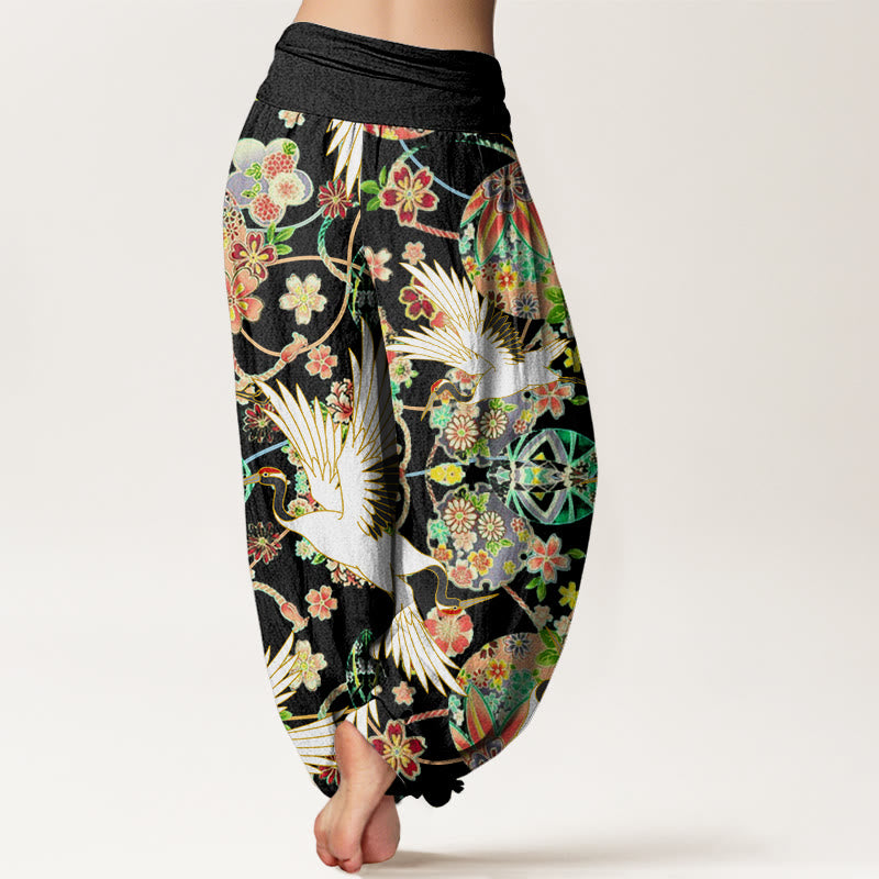 Cotton Casual Crane Floral Geometric Pattern Elastic Waist Women's Harem Pants