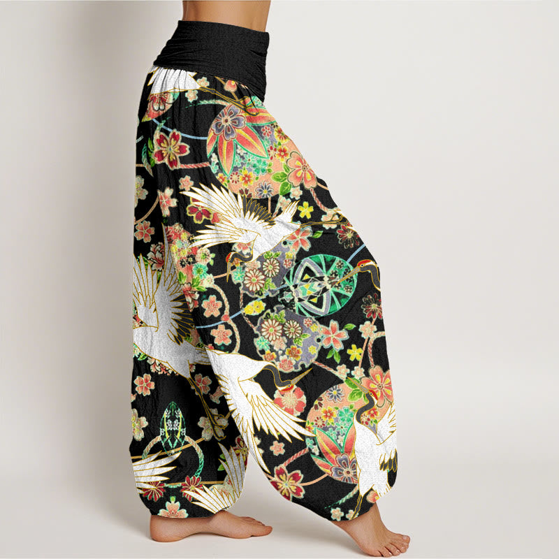 Cotton Casual Crane Floral Geometric Pattern Elastic Waist Women's Harem Pants