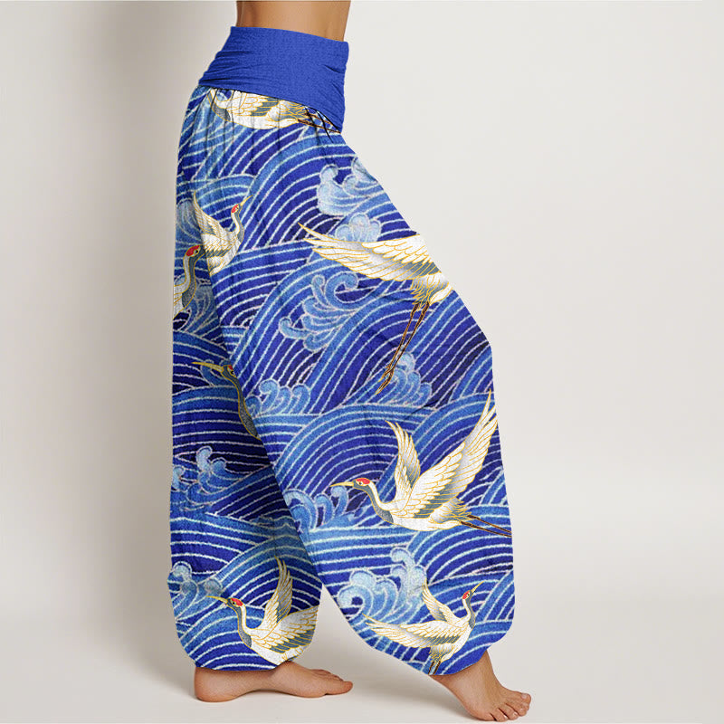 Tactile Cotton Crane and Wave Print Meditation Harem Pants