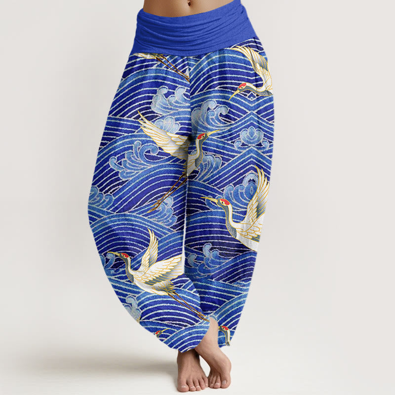 Tactile Cotton Crane and Wave Print Meditation Harem Pants