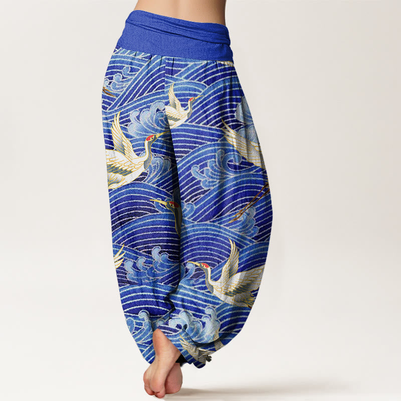 Tactile Cotton Crane and Wave Print Meditation Harem Pants