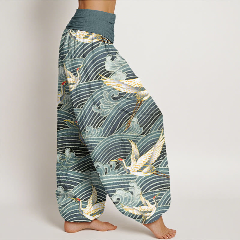 Tactile Cotton Crane and Wave Print Meditation Harem Pants